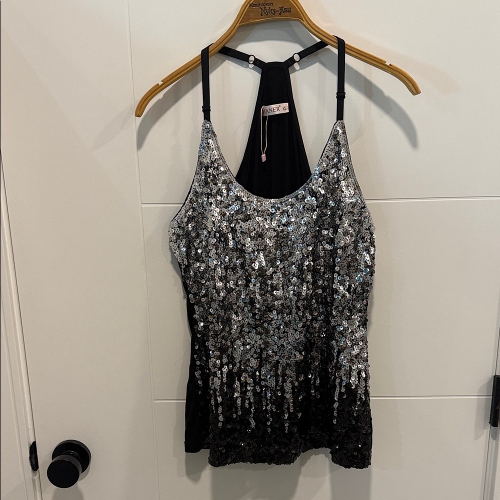 INC International Concepts Black and Silver Sequin Camisole size XL